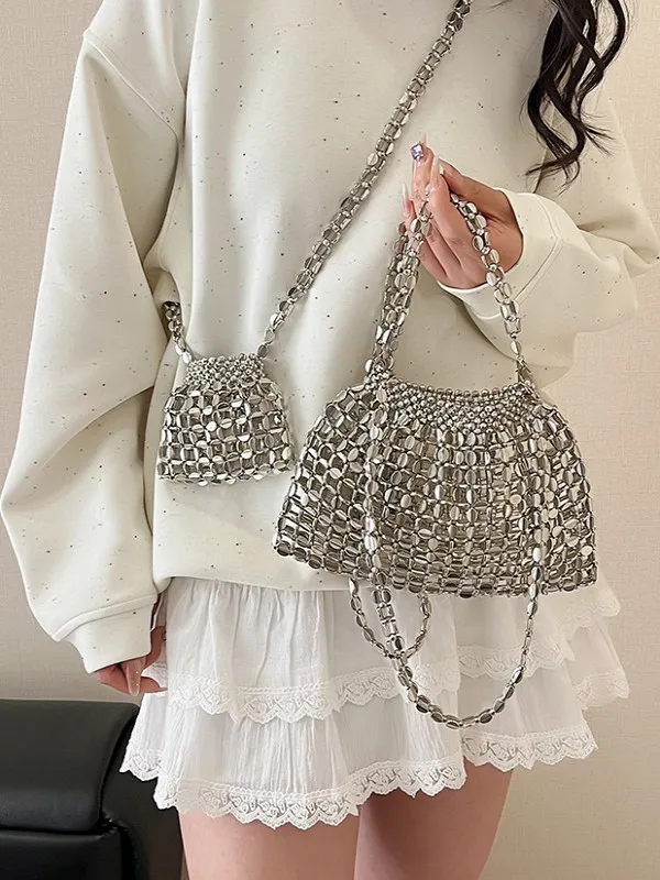 Fashion Popular Unique Design Sense Hollow Shine Crossbody Bag Niche Versatile Silver Sequin Beaded Chain Bag For Women