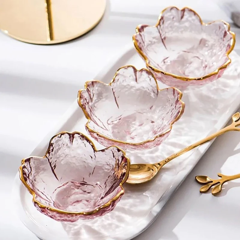 Small Glass Dish Nordic Style Gold Inlay Glass Sauce Bowl Mini Japanese Cherry Blossoms Seasoning Plate For Ice Cream Fruit Sala