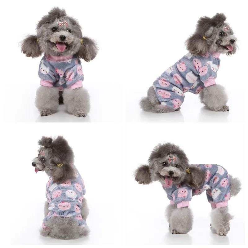 

Multi-Size Cartoon Printed Dog Onesie Fleece Cat Four-Legged Coat Autumn/Winter Cute Pet Clothes Cozy Warm Puppy Pajamas