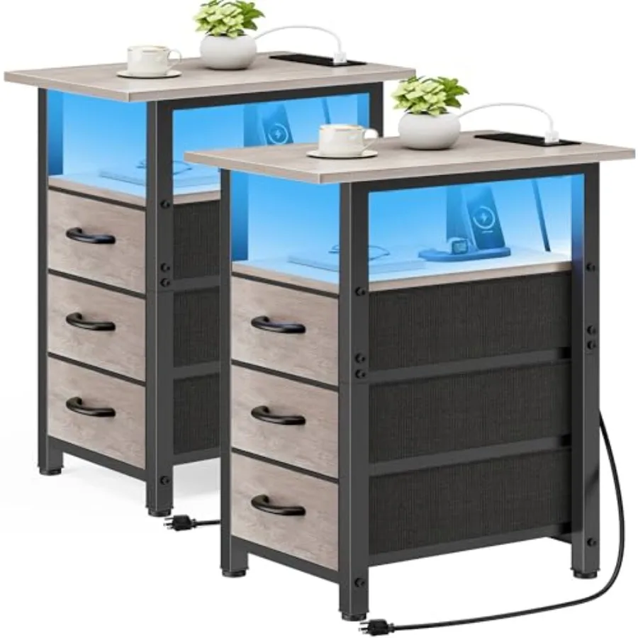 

Комплект из 2-х прикроватных тумбочек с зарядной станцией и LED-подсветкой, узкий приставной столик с 3 тканевыми ящиками для спальни