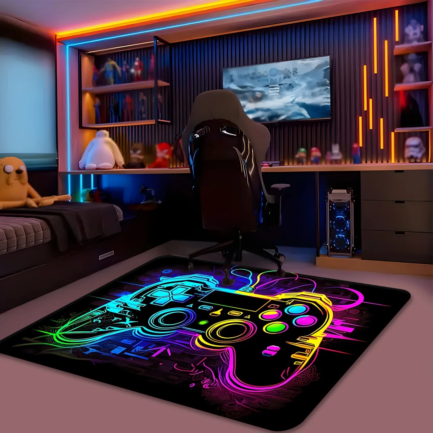 1pc 2D Flat Neon Game Controller Cyberpunk Flannel Area Rug Non Slip Gamer Room Decor Carpet For Bedroom Floor