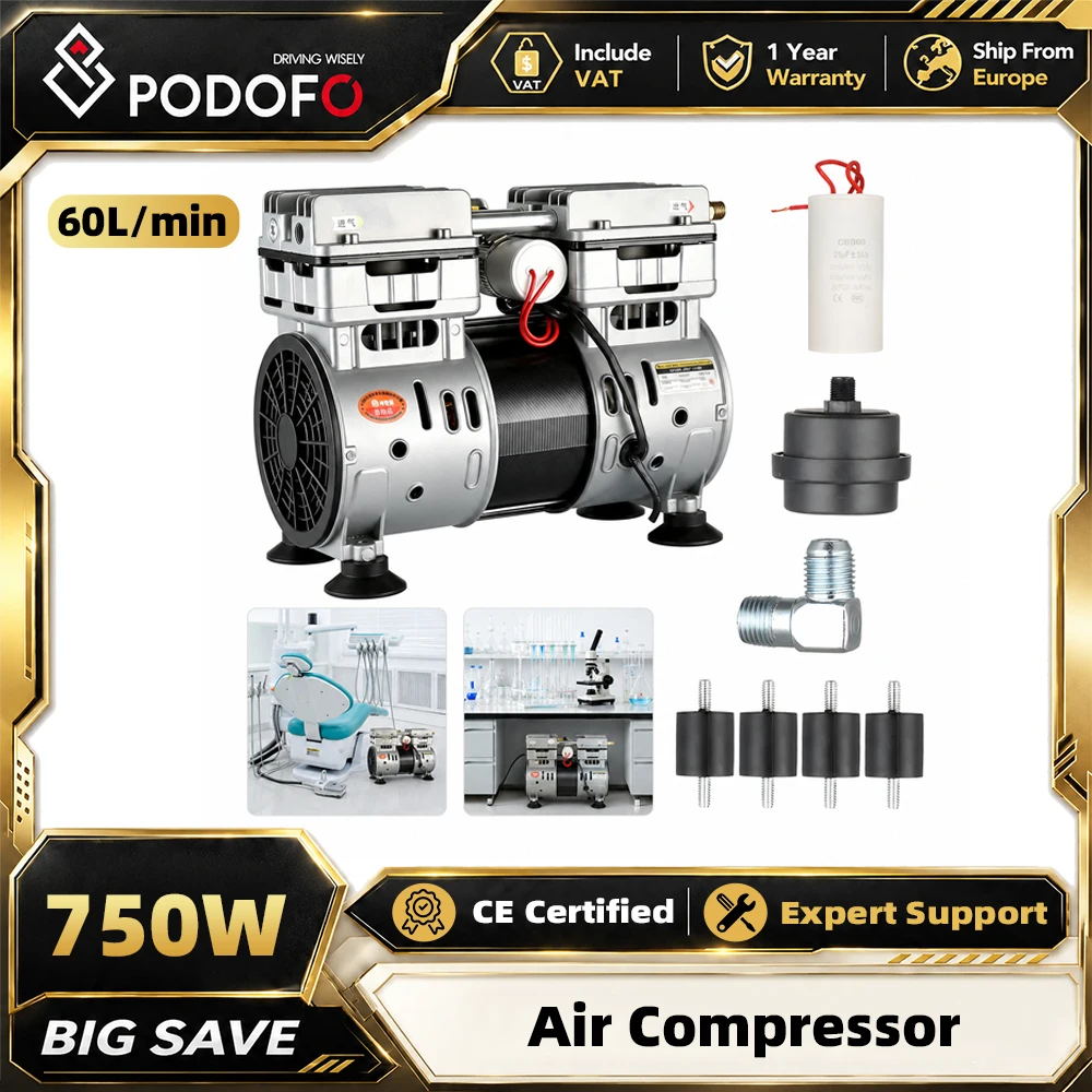 Podofo 750W Kabelloser Ölfreier Geräuscharmer Luftkompressor-Kopf, 60L/min Luftdurchfluss, 0,7Mpa Druck, Vakuumpumpe mit Kondensator, Kunststoff-Schalldämpfer, Vergoldeter Anschluss und Stoßdämpfende