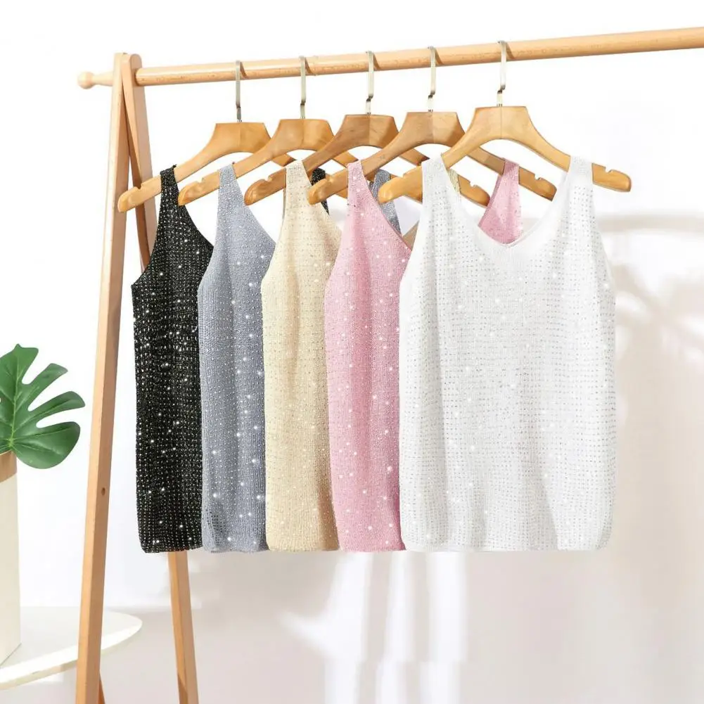

Women's Summer Sequin Camisole for Ladies Loose Sleeveless V-neck Shimmer Bottoming Shirt Tank Crop Tops Hot Drilling Decor