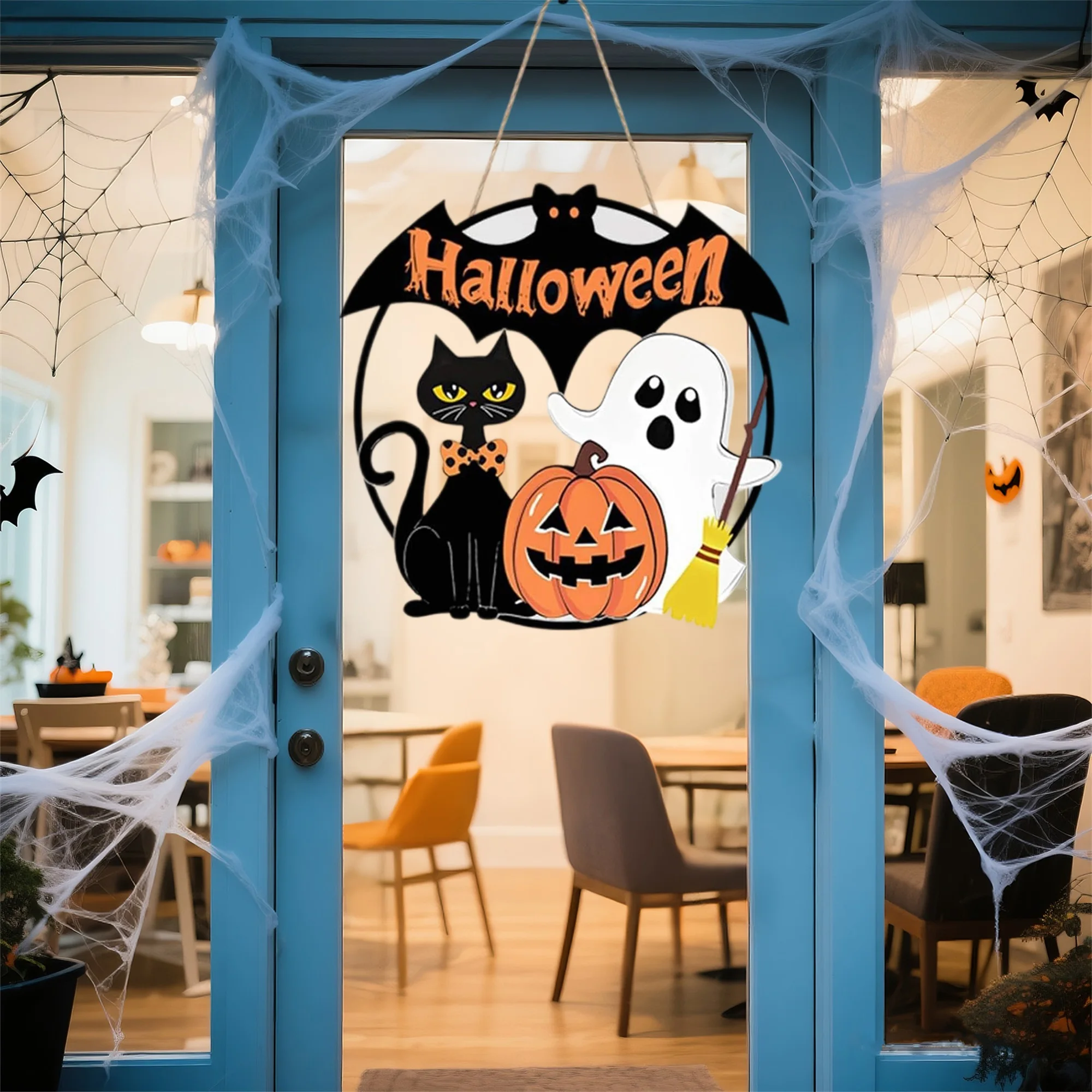 لافتة باب خشبية مخيفة للهالوين مع مضرب اليقطين الشبح على شكل قطة سوداء - ديكور معلق احتفالي للحفلات المنزلية