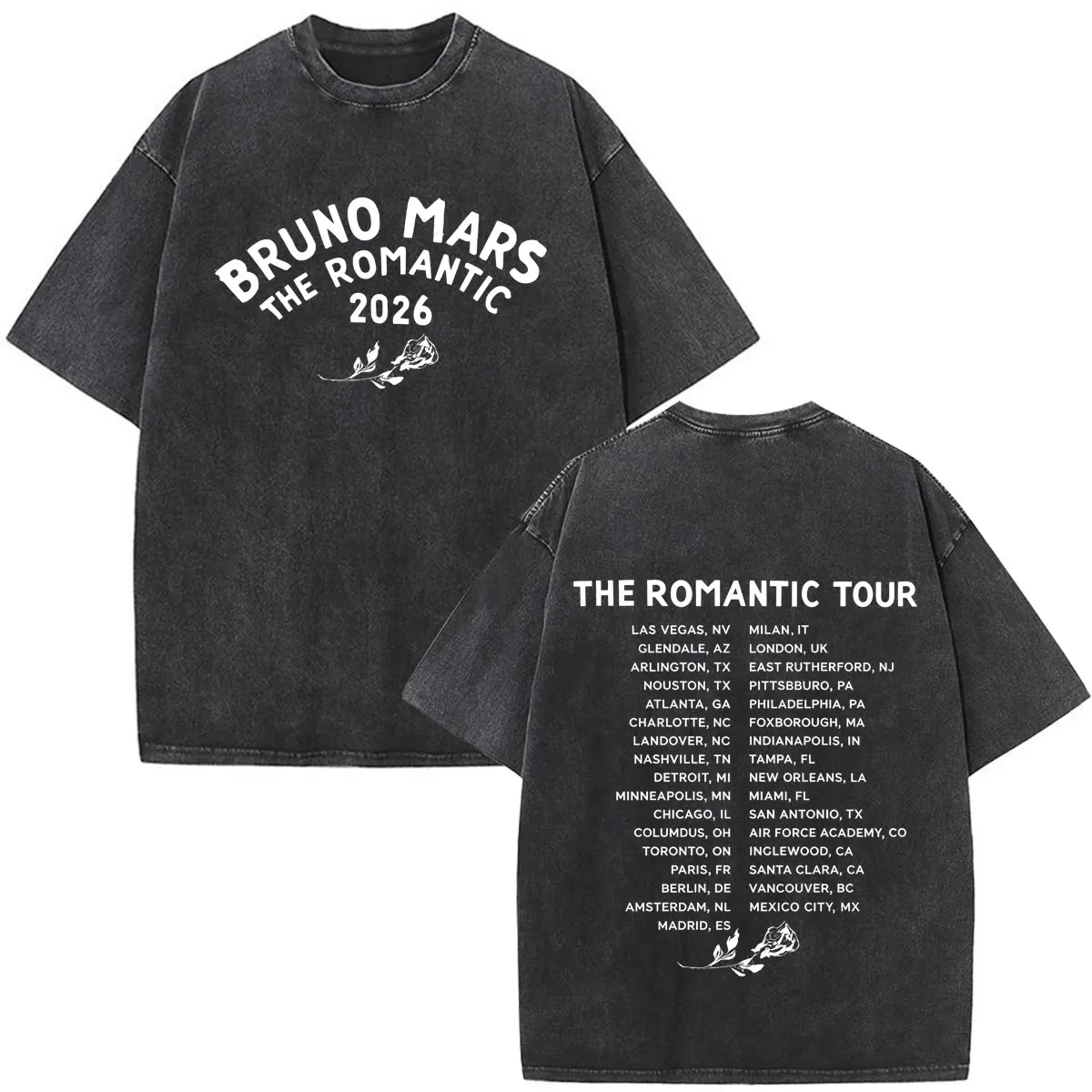 Bruno Mars The Romantic Tour 2026 Print Vintage Washed T-shirt Man Woman Fashion T-shirts Cotton Loose Casual Oversized T-shirts