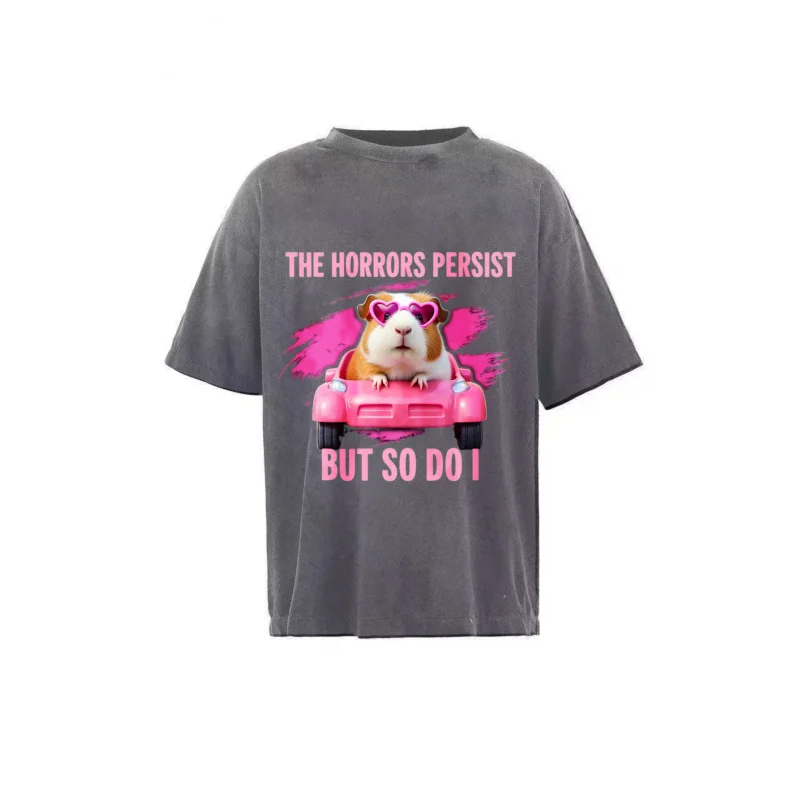 تي شيرت رجالي مغسول باللون الأسود The Horrors يستمر ولكن أنني أفعل ذلك خنزير باللون الوردي نمط مطبوع ونص عالي الجودة 100% قطن #4