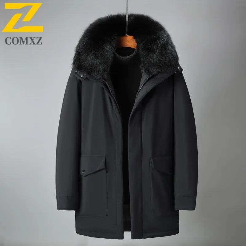 COMXZ Brand Luxury Mens Down Jacket Hooded Outdoor Riding Cold Protection Parka Korean Fashion Warm Windproof Winter Coat