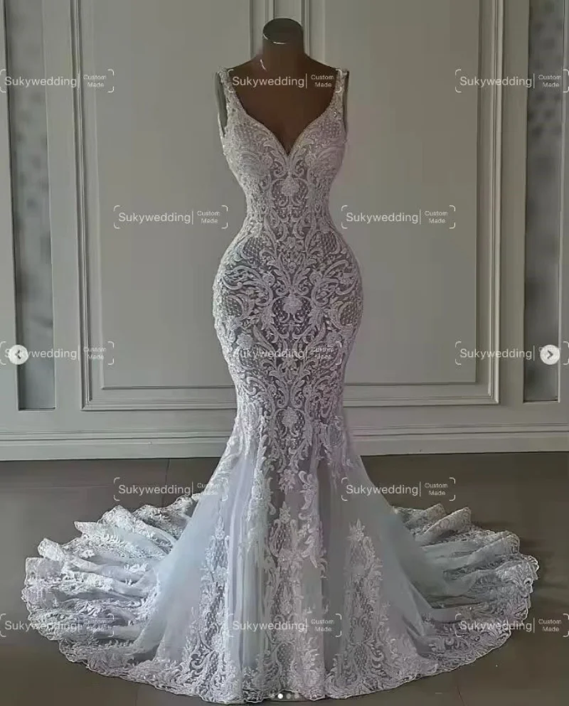 Vestidos de novia de playa de sirena personalizados, apliques de encaje con cuello en V, tren capilla, espalda abierta, vestido de novia trompeta, vestidos de novia baratos