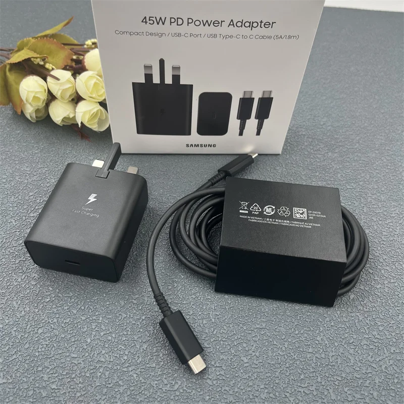 45W PD PPS Samsung Super Fast GaN Charger EP-T4510 UK Plug for GALAXY S24 S23 S22 Plus Note20 Ultra A55 +1.8M PD Type C Cable