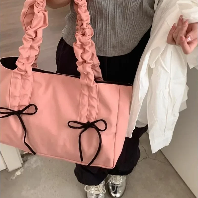 Xiuya Roze Geplooide Dames Draagtas Nylon Lieve Elegante Zachte Literaire Casual Schoudertas Esthetische Nieuwe Koreaanse Mode Handtas