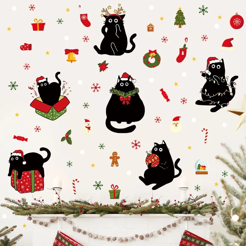 6PCS/a set of Christmas wall stickers, cute animal Christmas cat window decoration window stickers, cartoon cat window stickers