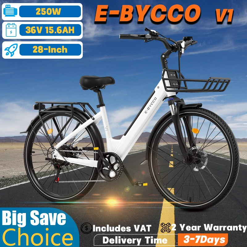 Bici elettrica da città con cestino anteriore, motore da 250W, batteria da 36V 15.6Ah, E-BYCCO V1, pneumatici 28*1.5", bici elettrica da montagna