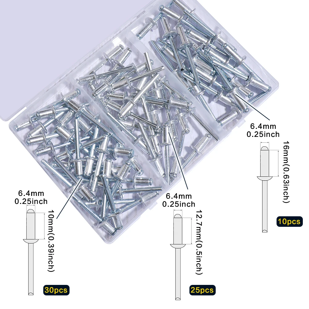 75 Pcs 1/4 Inches Pop Rivets Assortment Kit - 3 Sizes Aluminum Rivets 1/4