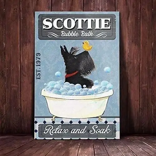 Retro Scottie Dog Metal Tin Signs Bubble Bath Relax and Soak Print Poster School Garden Farm Table Garage Bar Club Kitchen Home