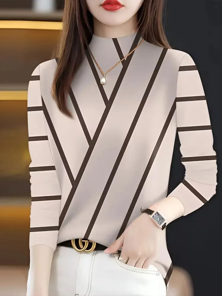 New 2025 Autumn Winter Thin T-Shirt Base Shirt Fashion Print Women's Top Outdoor Half High Collar Long Sleeve Commute Style L...
