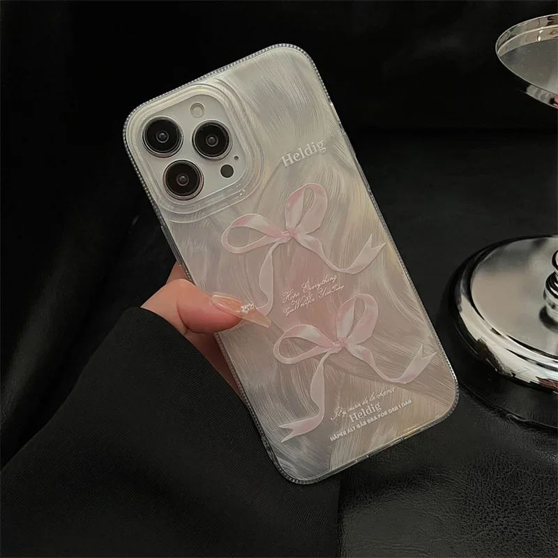 Case For iPhone 11 Cases Ins Korean Gradient Pink Bowknot  Phone Case For iPhone 16 15 14 13 Pro Max 12 XS XR X 7 8 Plus Cover