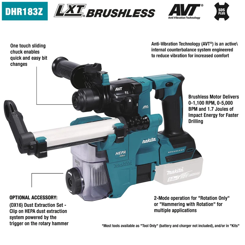 Imagem -02 - Makita Dhr183 Dx16 Martelo Elétrico Avt 18v Bateria de Lítio Furadeira de Impacto Broca de Martelo de Poeira Compacta
