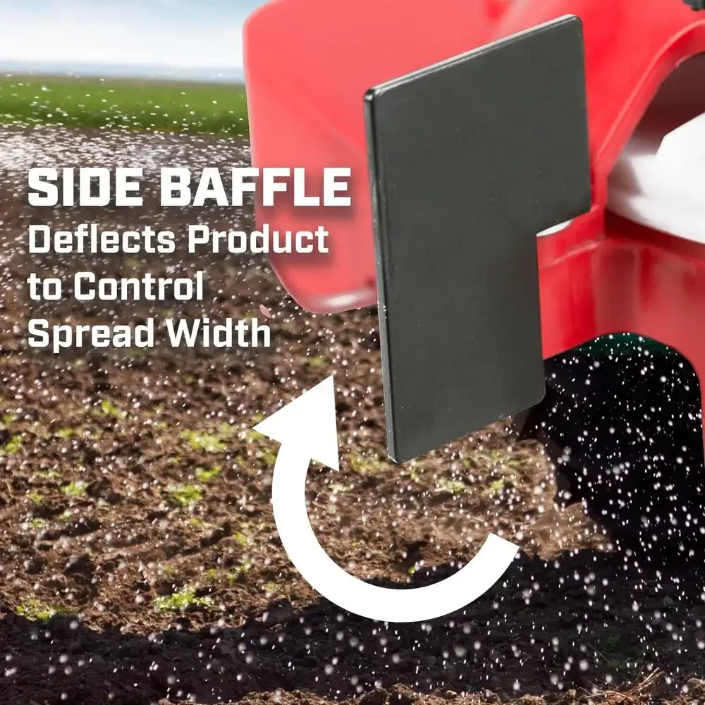 مفرشة حديقة مثبتة على الصدر بسعة 10 رطل، قادوس سهل التعبئة، حزام قابل للتعديل، تحكم في الانتشار، مقاوم للطقس