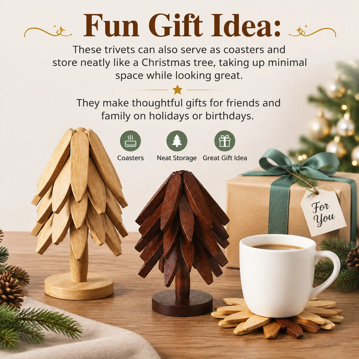 Multif Wooden Tree Trivets 5 Trivets + 1 Stand Natural Foldable Kitchen Trivet Easy Storage Suited for Hots Pans/Bowl Teapot Hot