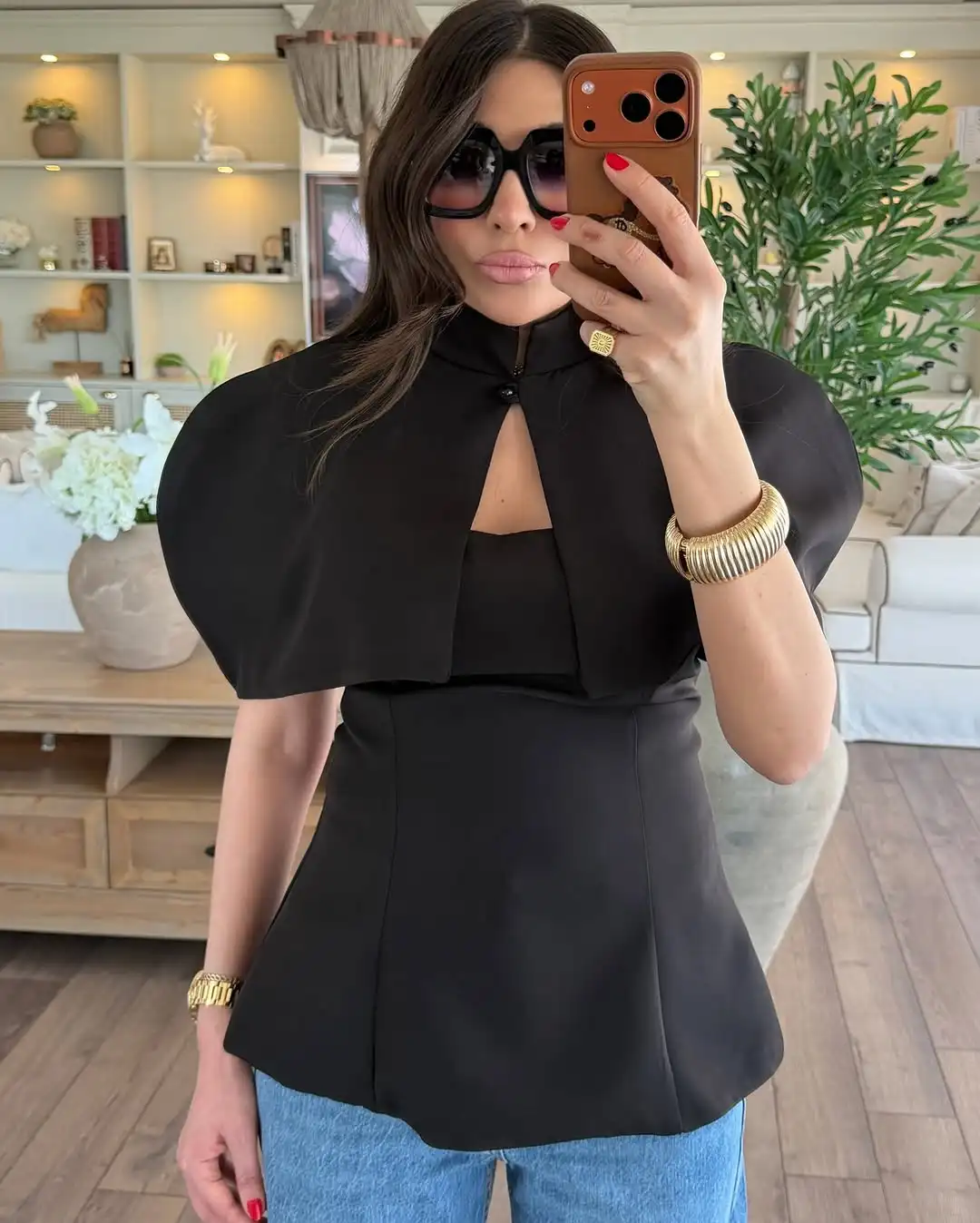 

Women Elegant Capelet Two Piece Set Sleeve Peplum Top High Neck Hollow Out Formal Black Outfit 2026 Fall Office Party Outfit