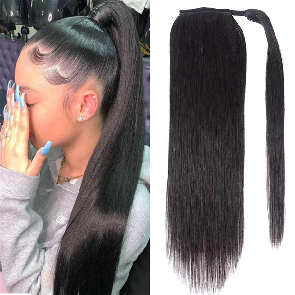 Extensiones de cabello humano con Clip de cola de caballo, postizo de onda de agua, con cordón, brasileño, para mujeres negras, 100g