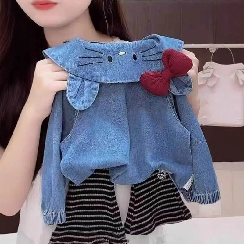 

Striped Flared Pants Two-piece Set Cat Embroidered Denim Jacket Kawaii Y2k Anime Children's Clothing Sanrio Hello Kitty Babies