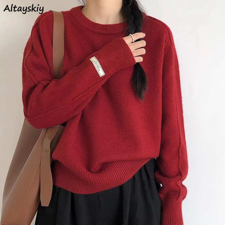 Knitted Pullovers Women Loose Thicken Keep Warm Age-reducing Casual Slouchy Sweaters Solid Simple Tops All-match Sweet Girls