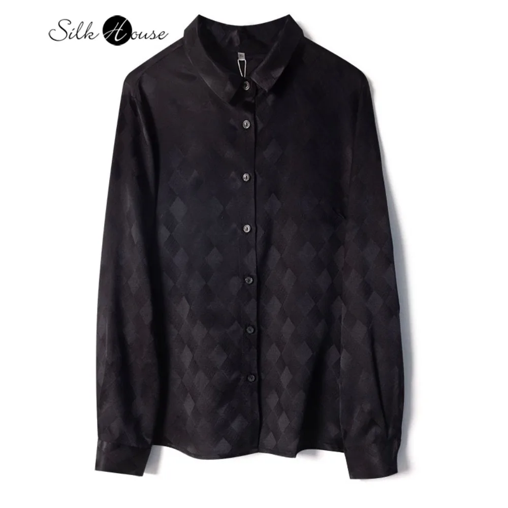 

2025 Women's Fashion Autumn/Winter Clothing Black Checkered 46.6%Natural Mulberry Silk 53.4%Wool Square Neck Skin friendly Shirt