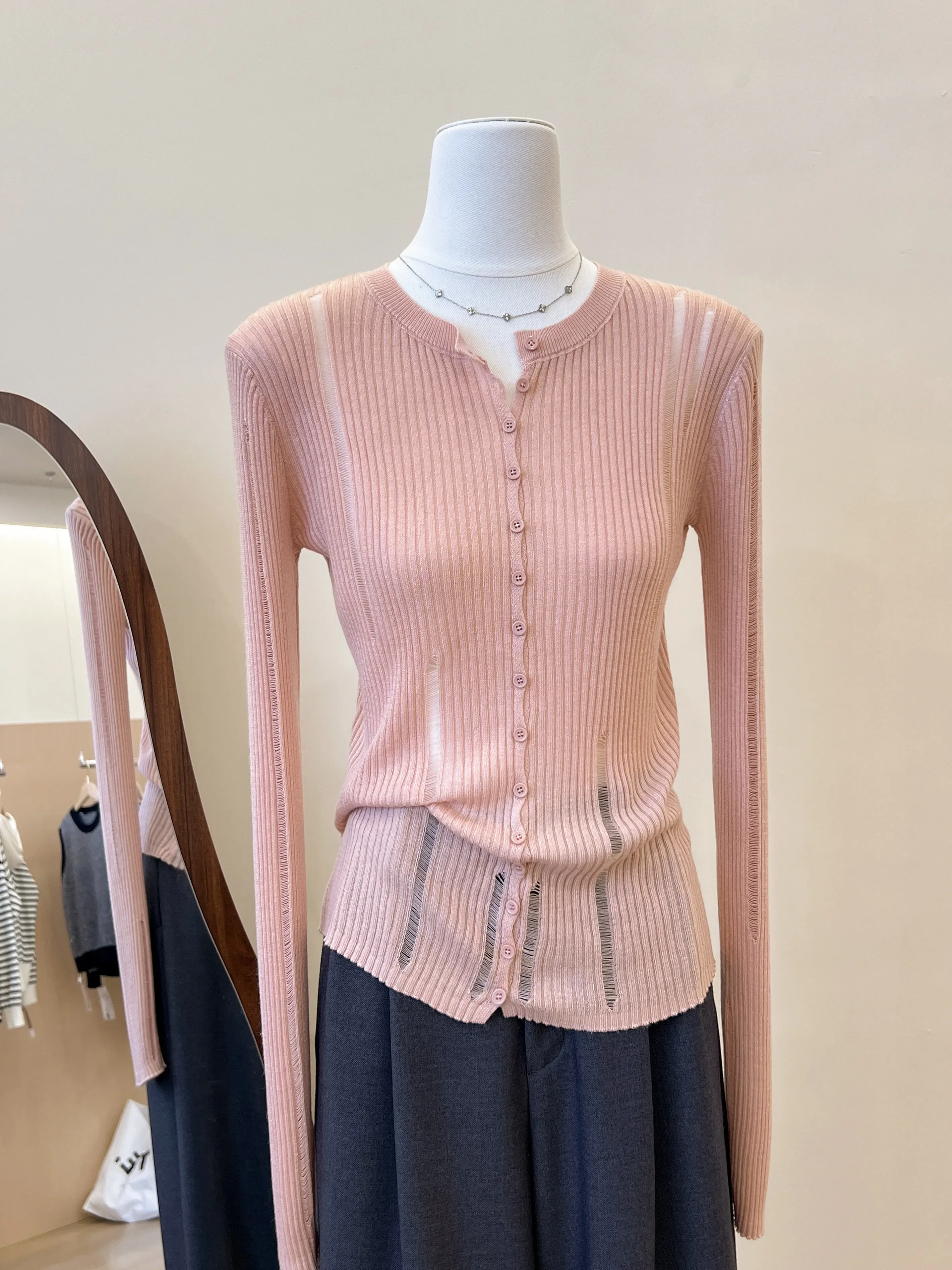 Kardigan Rajut Berongga Untuk Wanita Di Musim Semi Dan Musim Gugur Dengan Desain Unik, Slim Fit Dan Efek Meniruskan Tubuh, Cocok Dipadukan Dengan