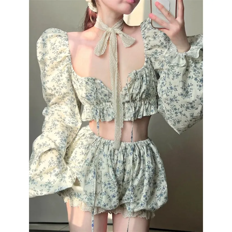 French Vintage Suits Y2k Crop Tops Long Sleeve Shorts Elegant Floral Print Blouse Women Casual Sweet Loose Two Piece Shorts Set