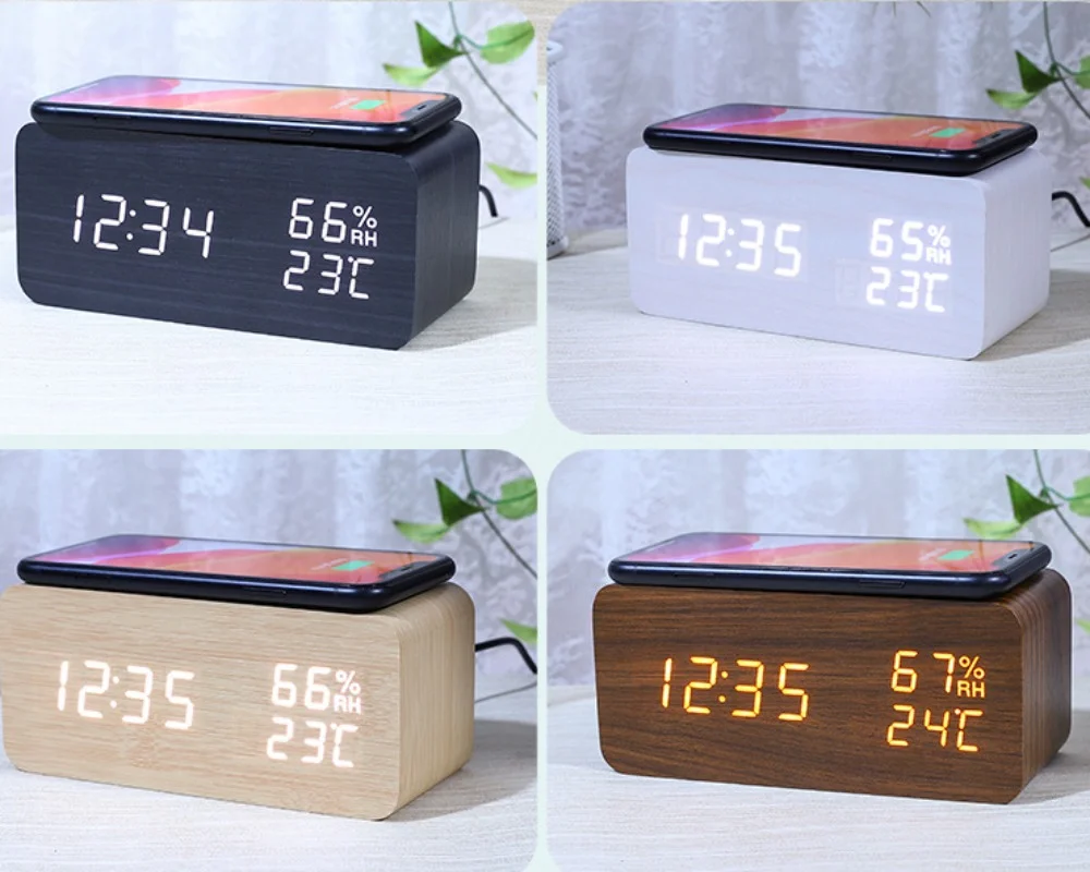 Desk Digital Wooden Alarm Clock  Smartphone Wireless Charger  Table Bedroom Desk LED Display Thermometer Humidity Clock