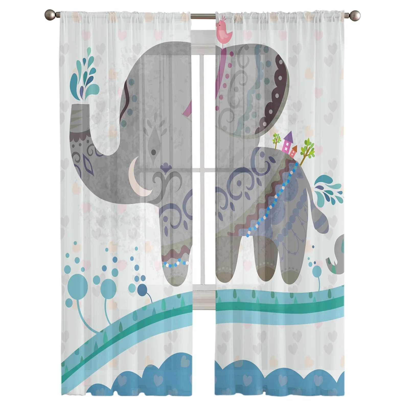 Elephant Big Stupid Bird Heart Gray Blue Sheer Curtains for Living Room Bedroom Decoration Window Voiles Morning Tulle Curtain