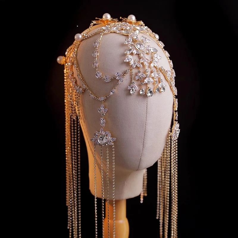 

Luxury Baroque Sparkling Diamond Zircon Long Tassel Forehead Bridal Headgear Exotic Muse Forehead Chain Dress Hair Accessories