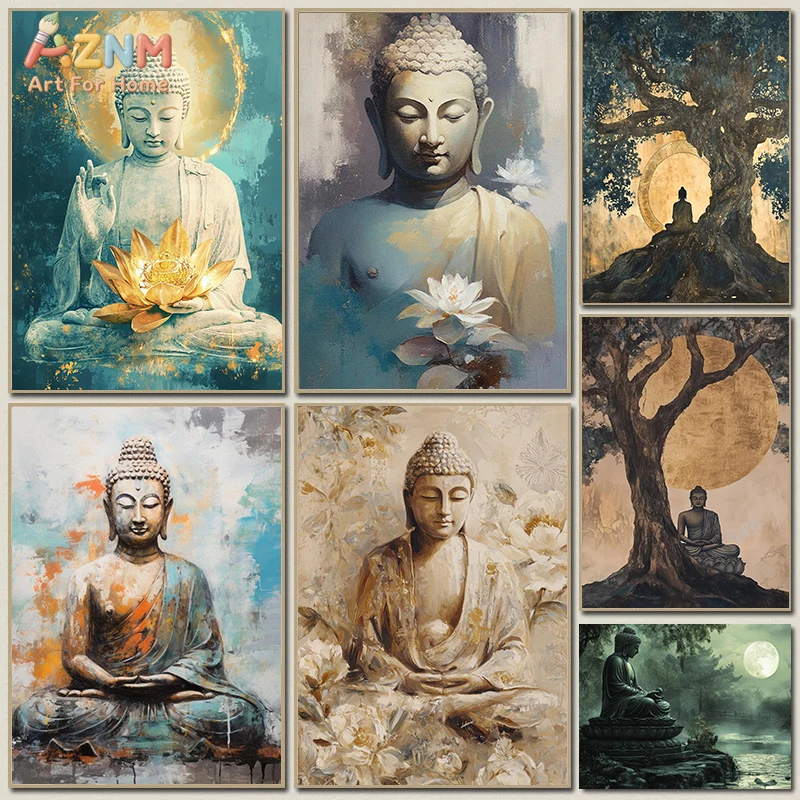 Buddhist Bodhisattva Buddha Statue Bodhi Tree Poster Canvas Oil Painting Printing Religious Meditation Room Mural Home Art Decor