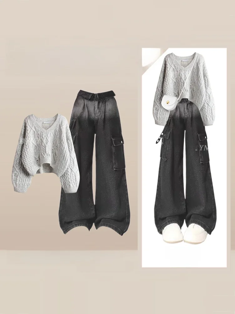 

ay Retro Lazy Hole Knitted Sweater High Waist Work Pants Women's Autumn Winter Faion Set Tee Piece Suit round Ne Long...