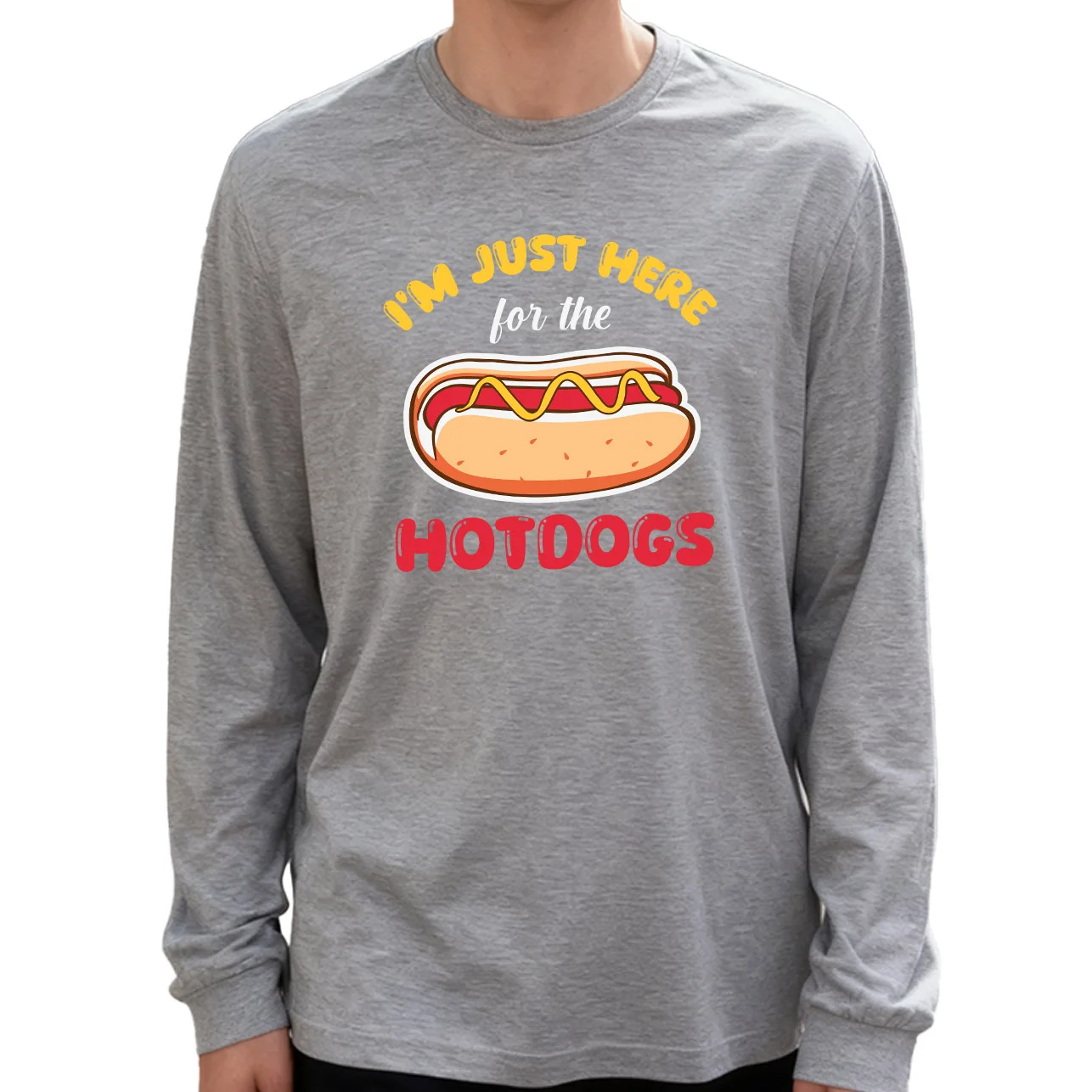 Męska koszulka z długim rękawem I'M Just Here for the Hotdogs, 100% bawełna, 180g, okrągły dekolt, styl casual, na co dzień, miękka i oddychająca.