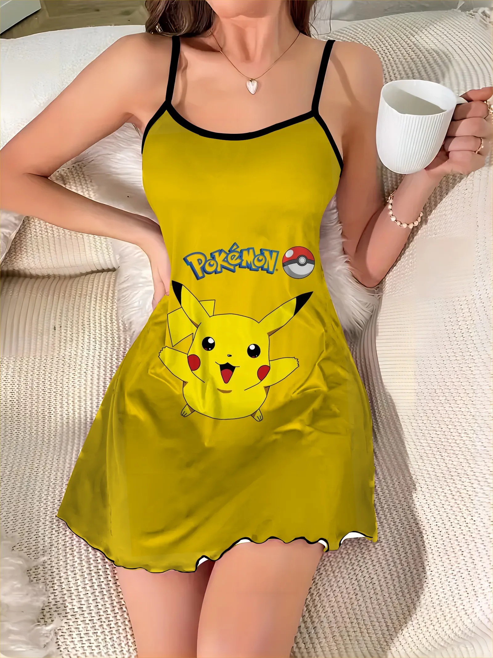 Satin Surface Mini Dress Crew Neck Summer Dresses for Women Pokémon Lettuce Trim Pikachu Pajama Skirt Fashion 2024 Elegant Sexy