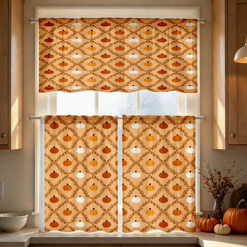 Thanksgiving Fall Kitchen Curtains, Mini Pumpkin Diamond, Digital Print, Kitchen Dining Room, Rod Pocket Polyester, Home Decor