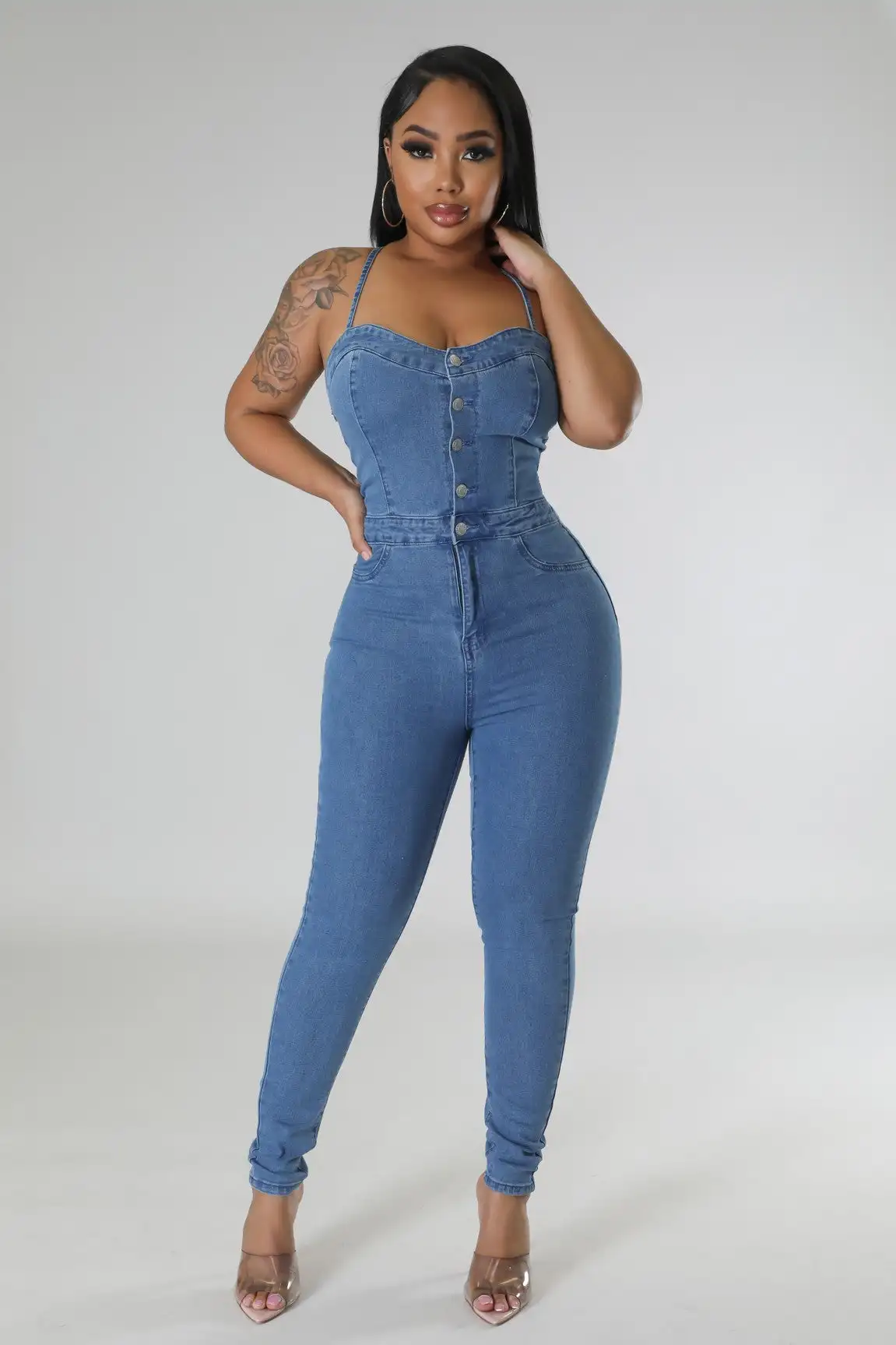 Denim Stretch Jumpsuit Sexy Women Halter Bodycon Backless Blue Jeans Casual Overalls Rompers