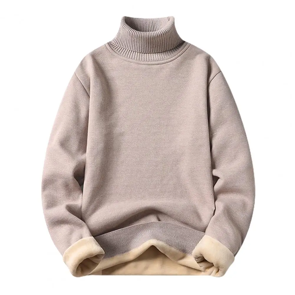 Turtleneck Men Sweater Long Sleeves Fleece Lining Ribbed Trim Autumn Winter Solid Color Thickened Warm Sweater Jumper Knitwear