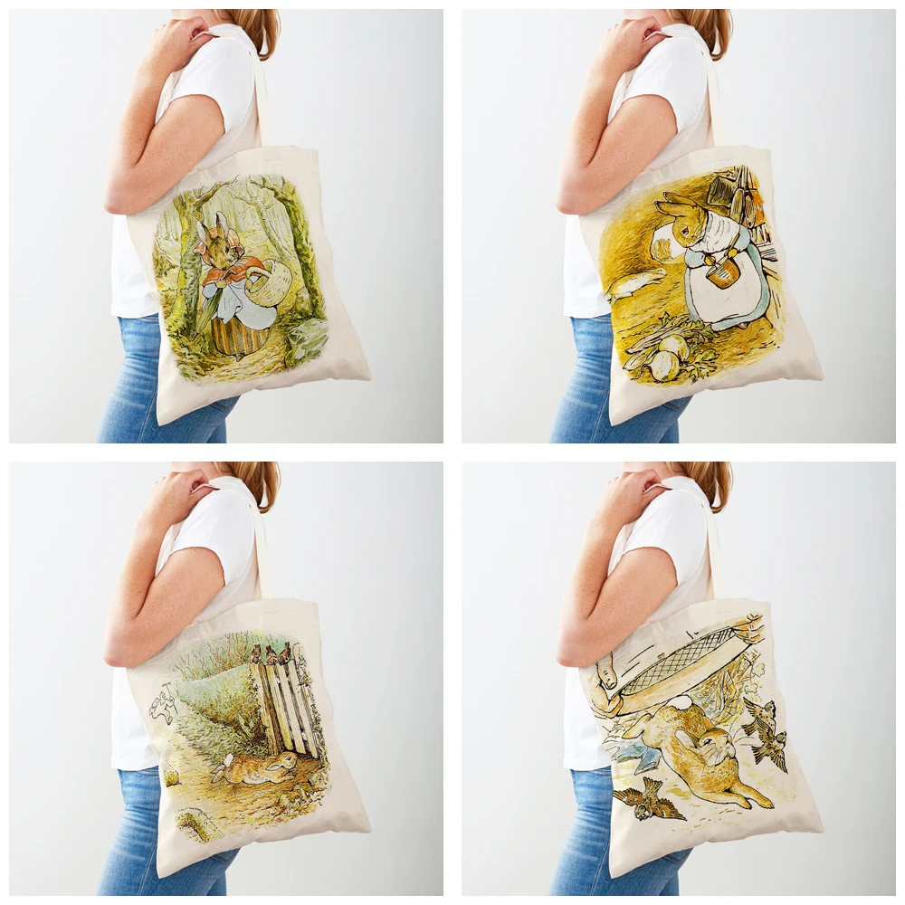 Cartoon Rabbit Print Children Tote Handbag Reusable Cute Bunny Shopper Bag Double Sided Women Canvas Shopping Shoulder Bags