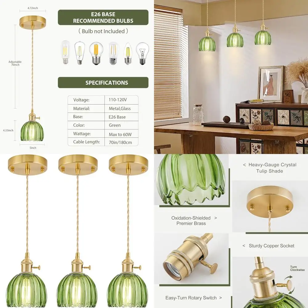 

Набор из 3 миниатюрных регулируемых подвесных светильников с зелеными стеклянными плафонами в форме тюльпанов для кухонного острова, винтажное золотое покрытие, подходит для столовой.