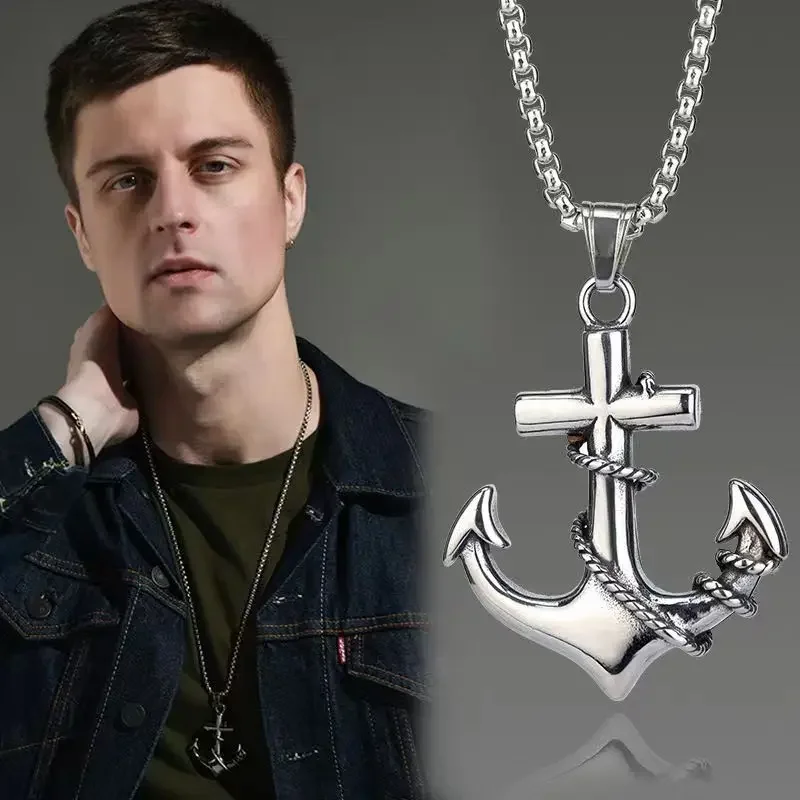 Retro Pirate Ship Anchor Pendant Necklace Men\'s Sailor Personalized Hip-hop Trendy Party Jewelry