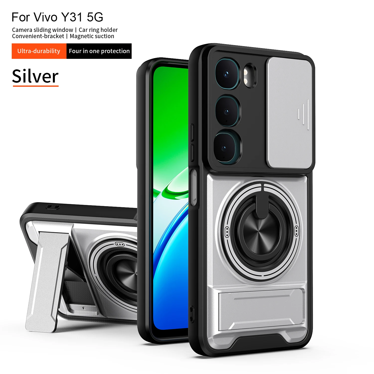 Capa de celular com tampa deslizante para lente, capa rígida de plástico com anel magnético giratório para Vivo Y31/Y21D Y100 IDN V30 Lite Y200E V40 SE T3
