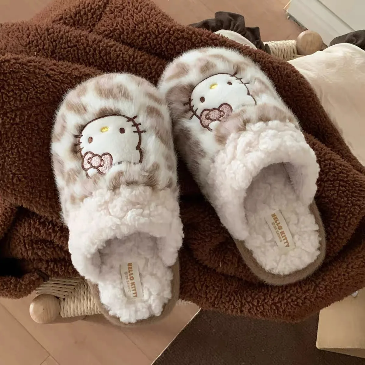 Sanrio Hello Kitty Kawaii Women Winter Fuzzy House Shoes Leopard Pattern Cozy Lined Non Slip Thick Sole Bedroom Footwear Gift