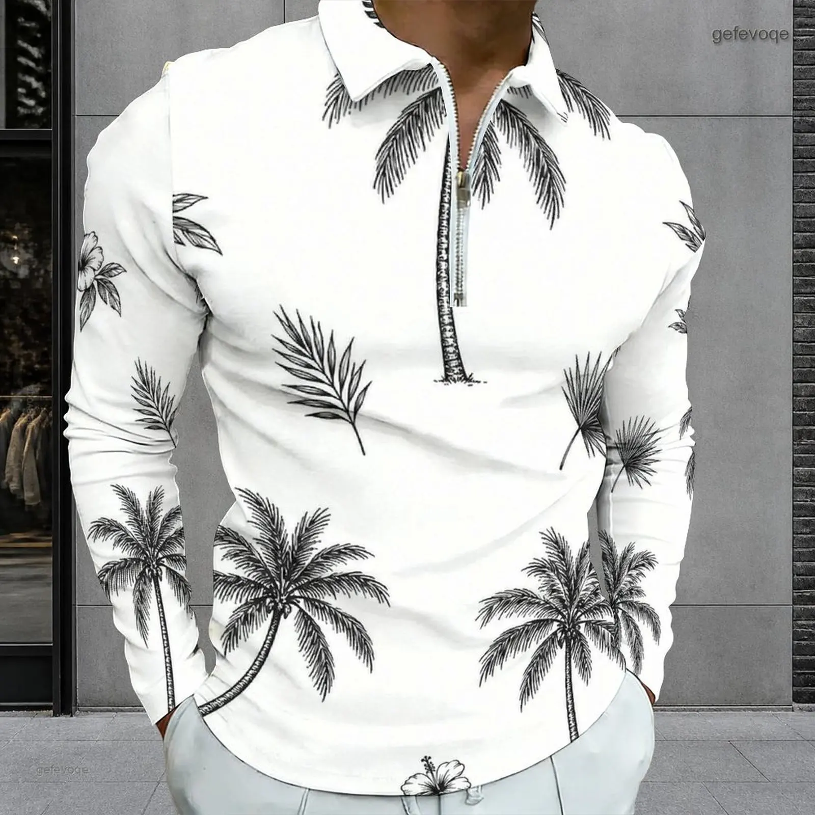 Men Printed Long Sleeve Quarter Zip Collar Polo Shirt with Football Clock Goal Post Pattern