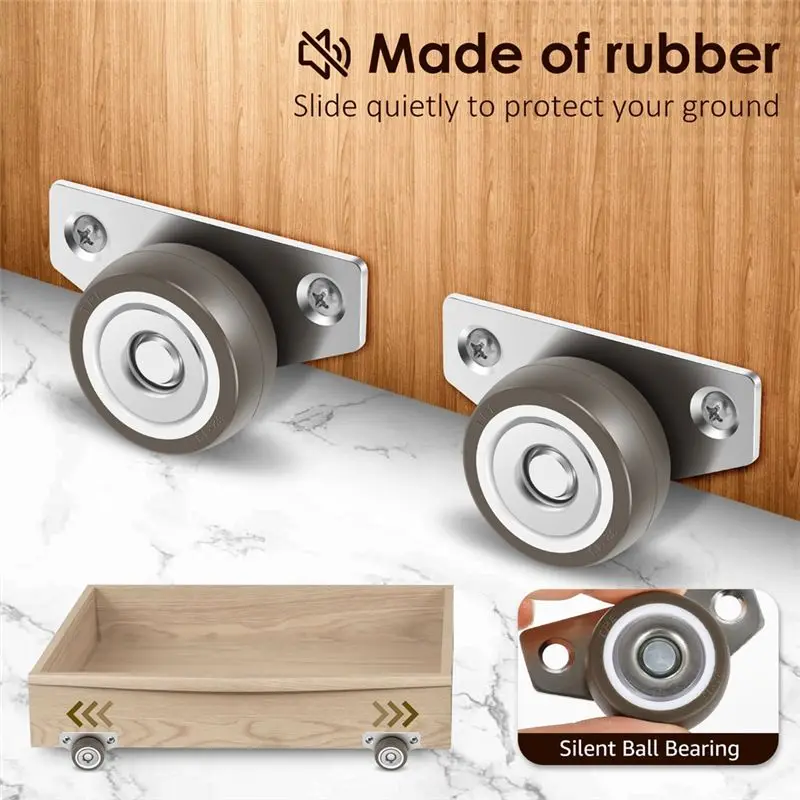 ABAH-12PCS Low Profile Caster Wheels 1.25 Inch Furniture Side Mount Casters Small Non Swivel Rigid Silent For Drawers