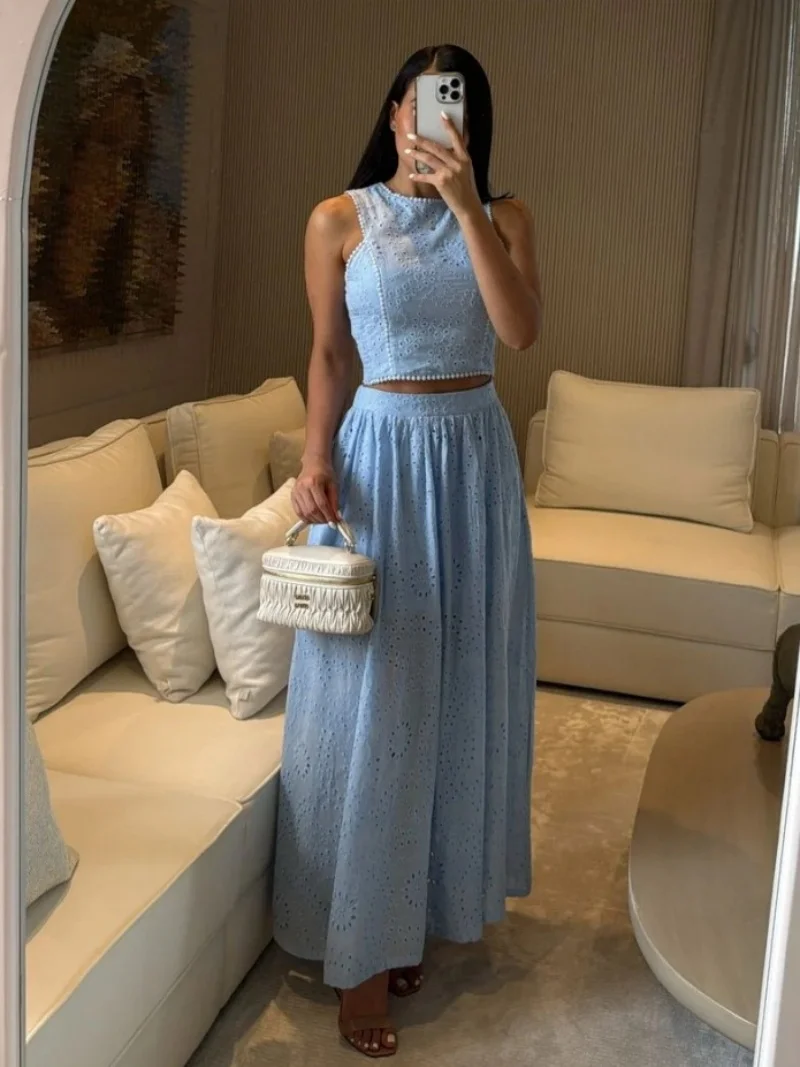 Freizeit 2-Teilige Sets Damen Outfits Sommerkleidung Damen 2026 Ärmelloses Tanktop Langer Rock Sets Urlaub Zweiteilige Kleider-Sets