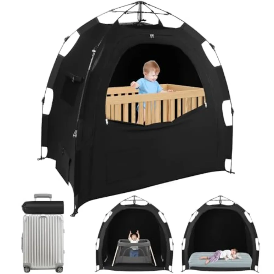 Tente occultante pour Pack N Play: dosette de sommeil portable pour bébé avec configuration 1 clic, mini housse de berceau avec moniteur et pochettes de ventilateur, blocs 95