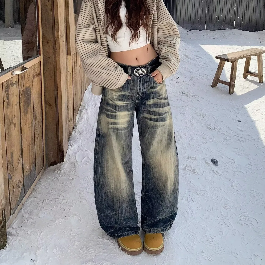Retro Washed Bamboo Texture Straight Leg Denim Pants - Unisex Loose Fit American Flare Casual Oversized Flare Pants